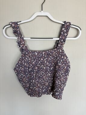 Hippie Rose Womens Large Smocked Floral Crop Tank Top Purple Ruffle NWT